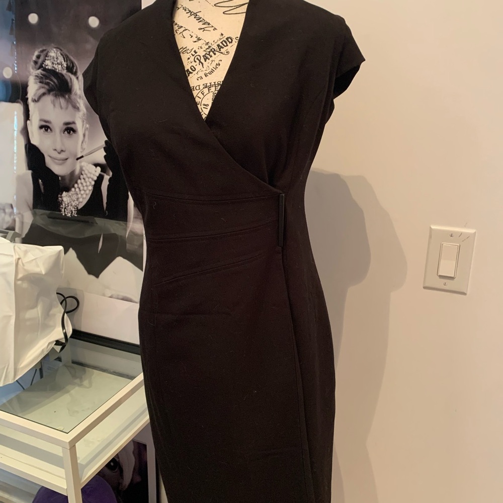 Calvin Klein Black Sheath Midi Dress V-Neck Cap Sleeve